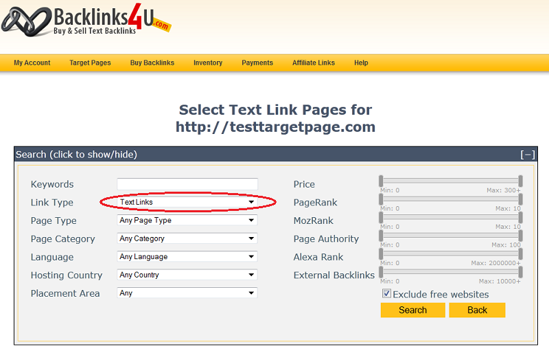 Select Simple Backlink Link Page
